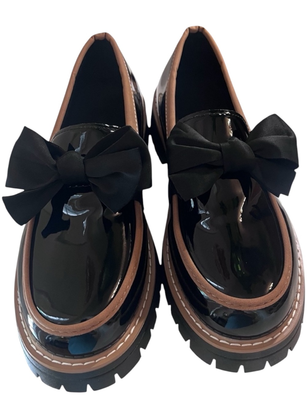 Black Patent Bow Platform Lug Sole Loafers Tan Trim EU 40